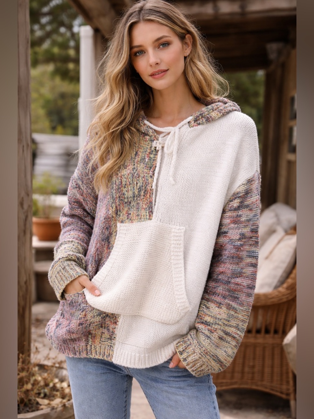 POL Colorblock Knit Hoodie | Boho Patchwork | Oversized Small